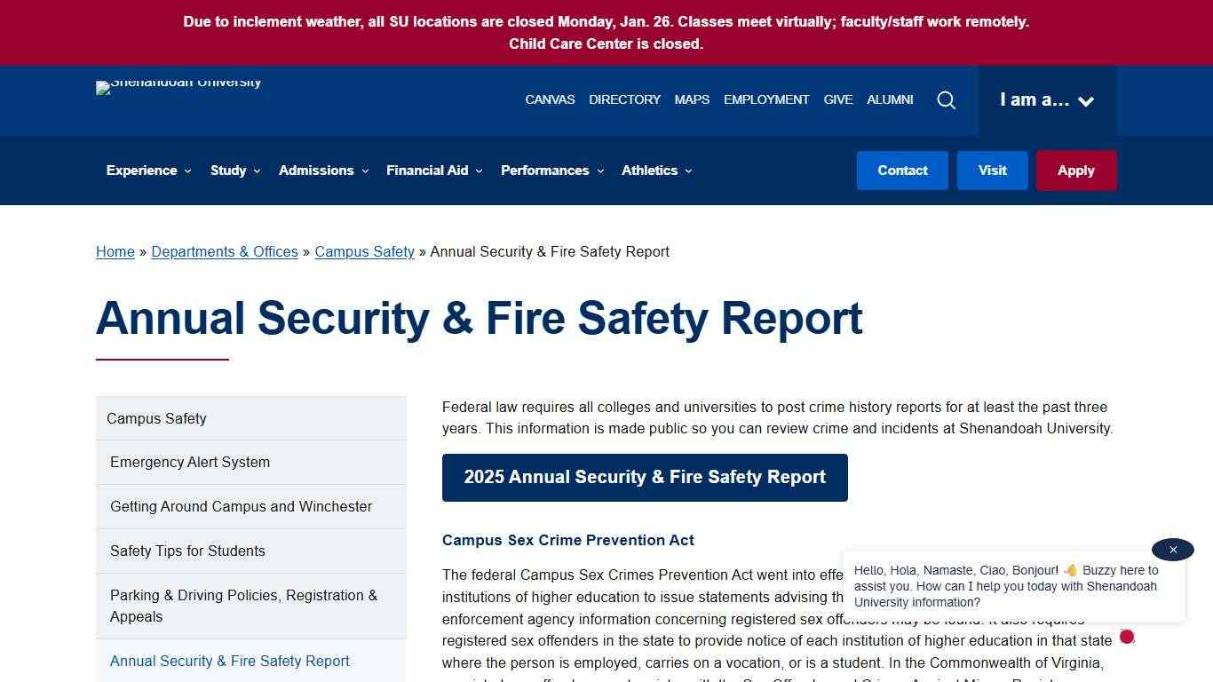 Annual Security & Fire Safety Report - Shenandoah University