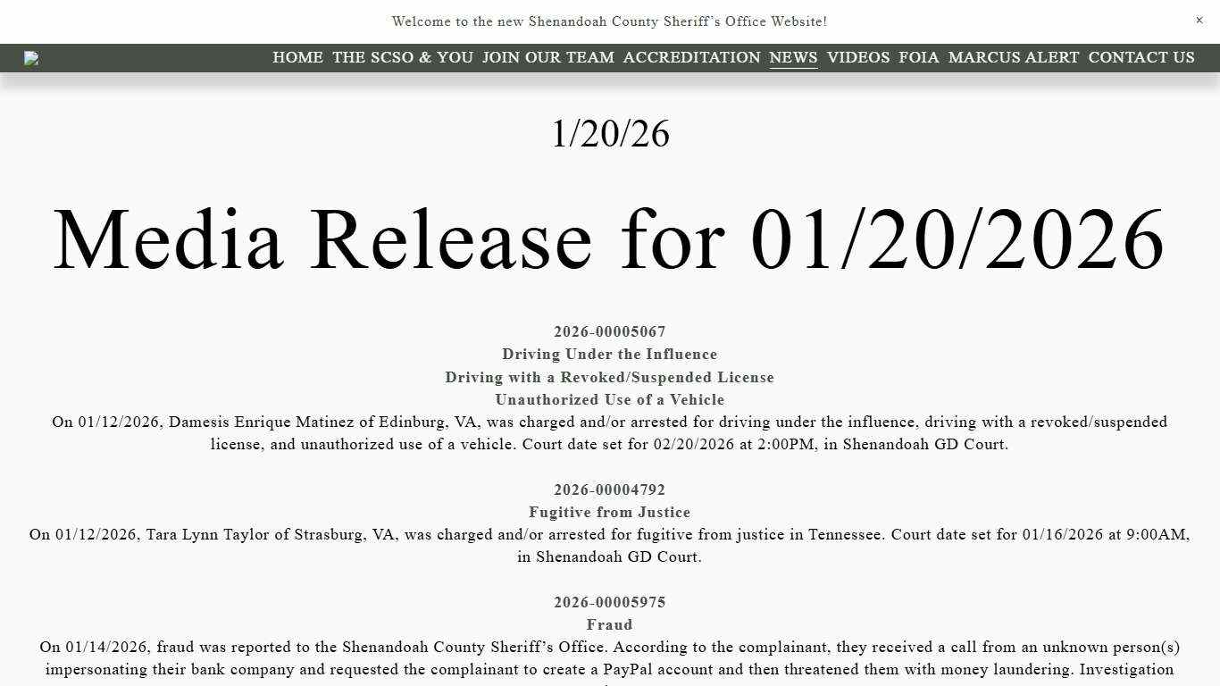 NEWS — Shenandoah County Sheriff's Offic